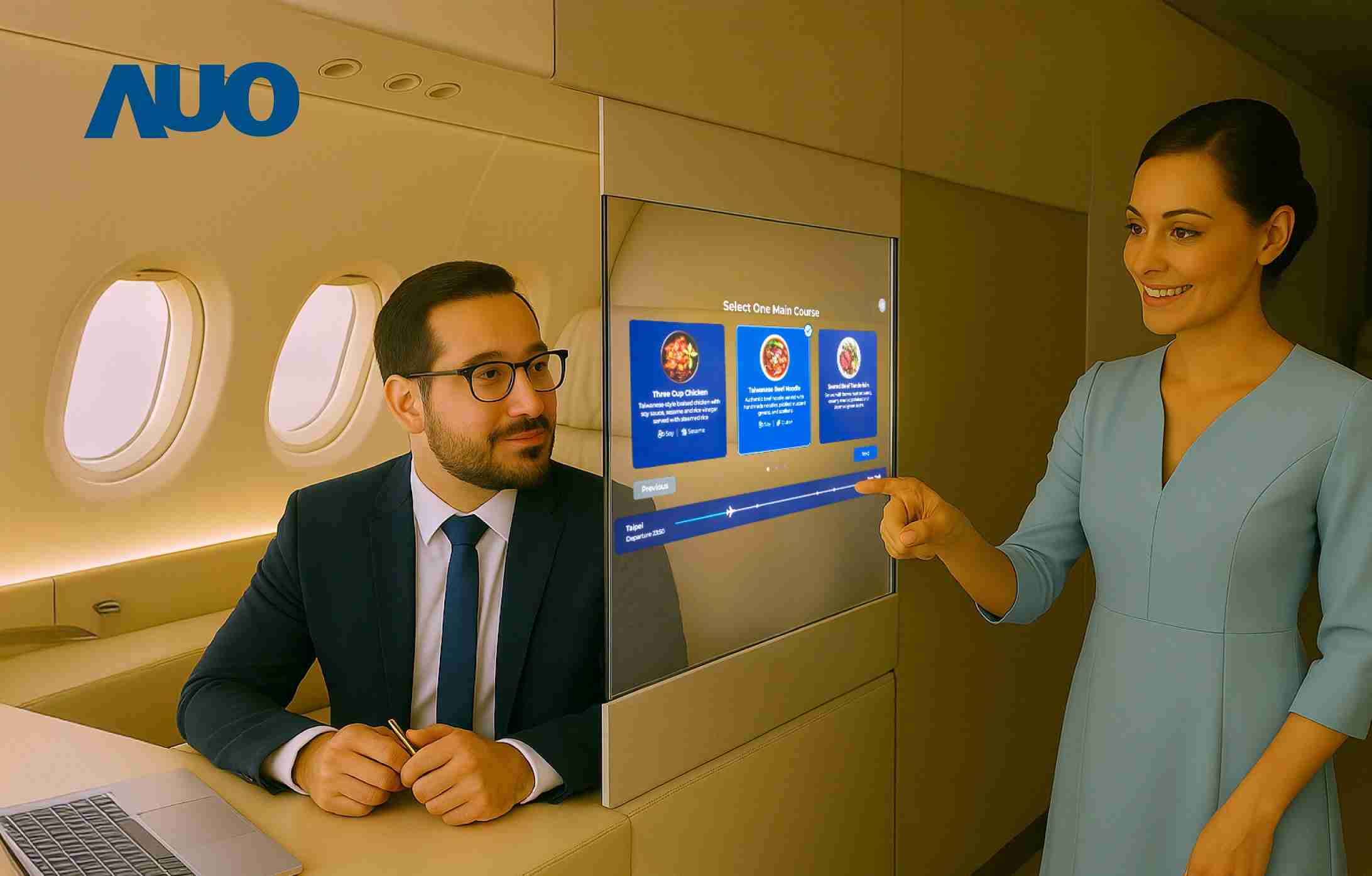 人生就是博研发全球最薄17.3 吋双面透明 Micro LED 显示器，，，可在同一屏幕之双边投射不同信息，，，，创造独特的”透明化”互动；图为实时翻译交流应用情境